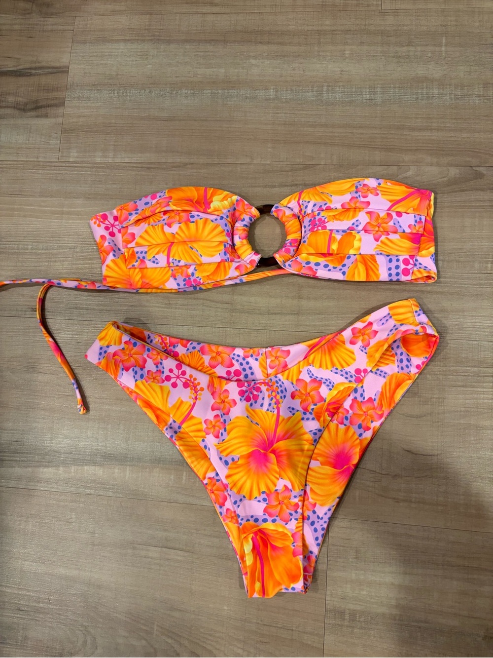 Floral Ring-Front Bandeau Bikini Set in Pink & Orange